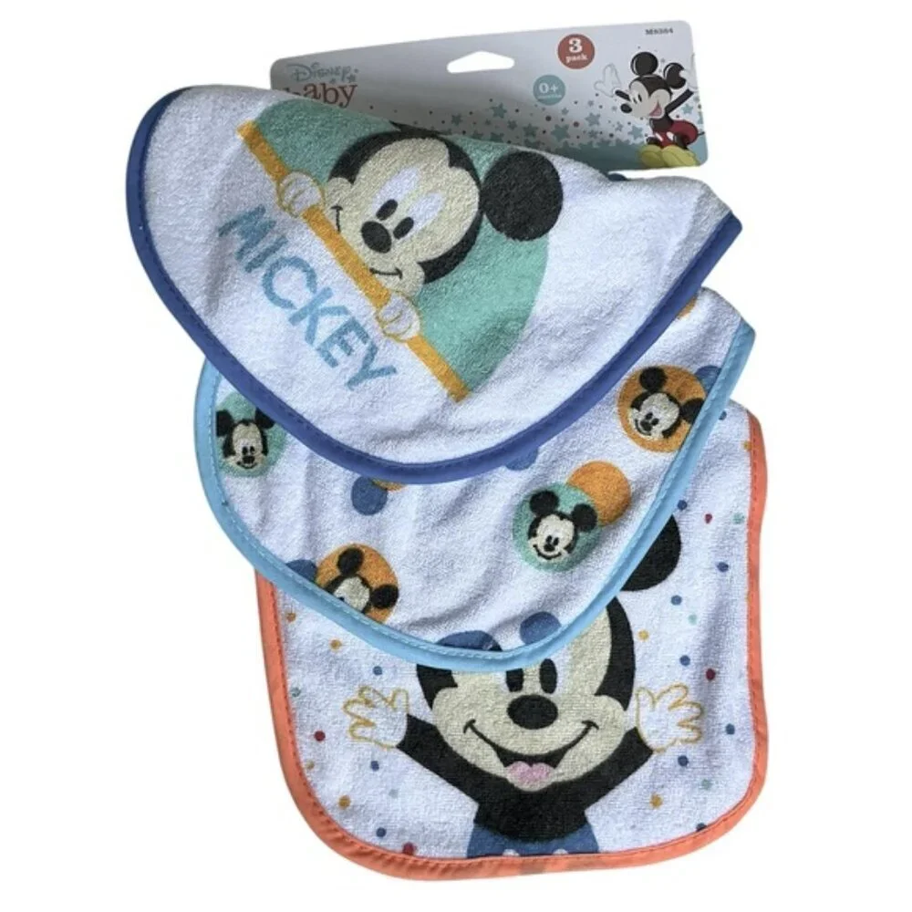 Disney Mickey Mouse Baby Bibs Absorbent Terrycloth VeIcro Closure 3 Pc 0-18 mo
